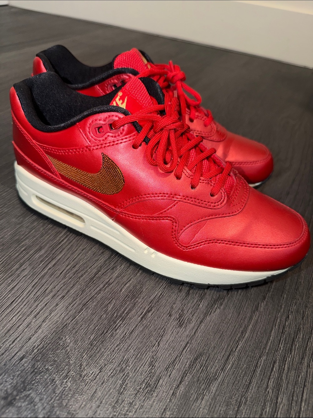 Nike Air Max 1- Pearl Red Women's Athletic Sneakers with Gold Swoosh